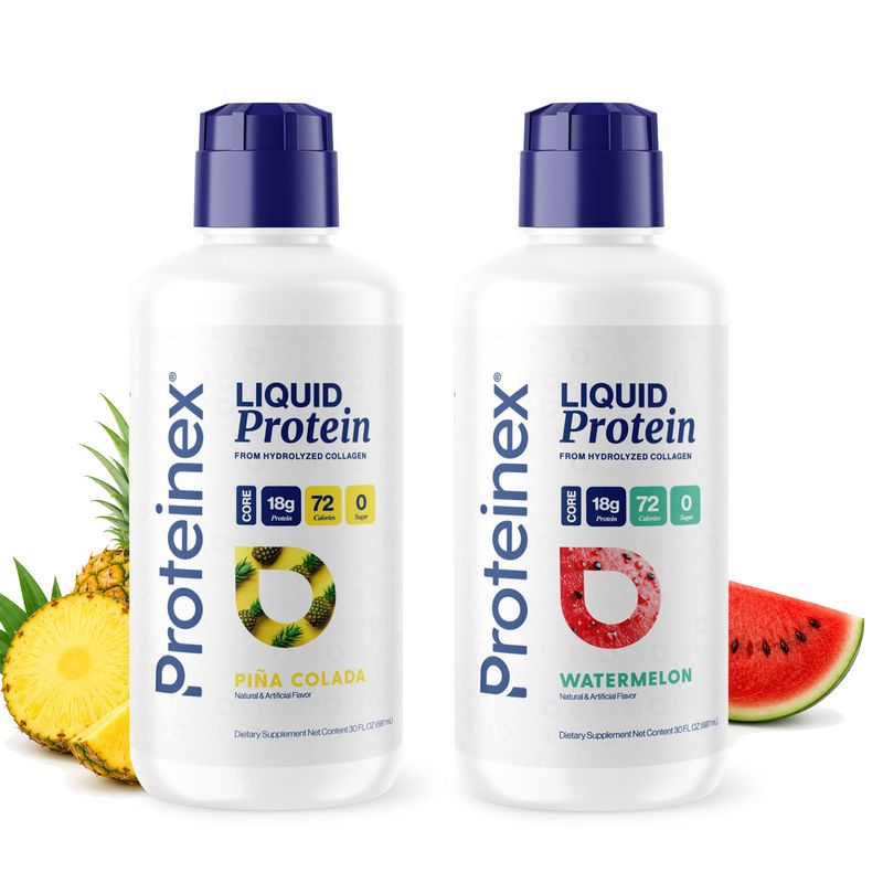 Proteinex Piña Colada and Watermelon liquid protein bottles, 30 oz each
