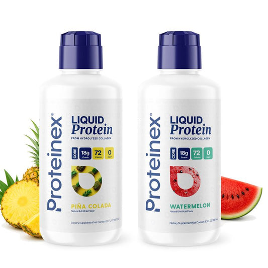 Proteinex Piña Colada and Watermelon liquid protein bottles, 30 oz each